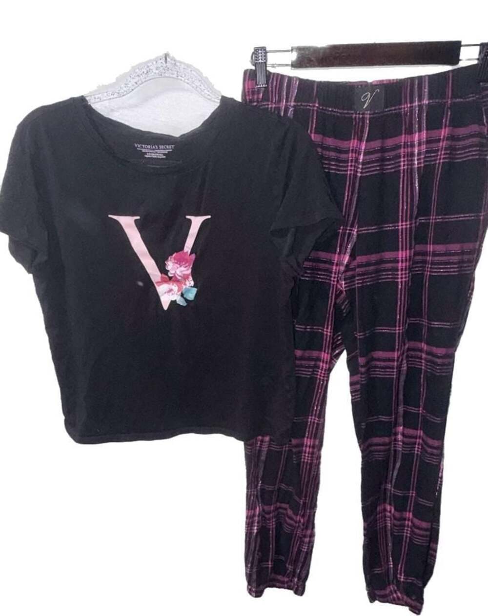 Victoria's Secret Floral 'V' Graphic T-Shirt and Plaid Jogger Pajama Set